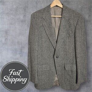 Vintage Mens Blazer 38R Gray Tweed Wool Sport Coat Two‑Button Jacket Herringbone
